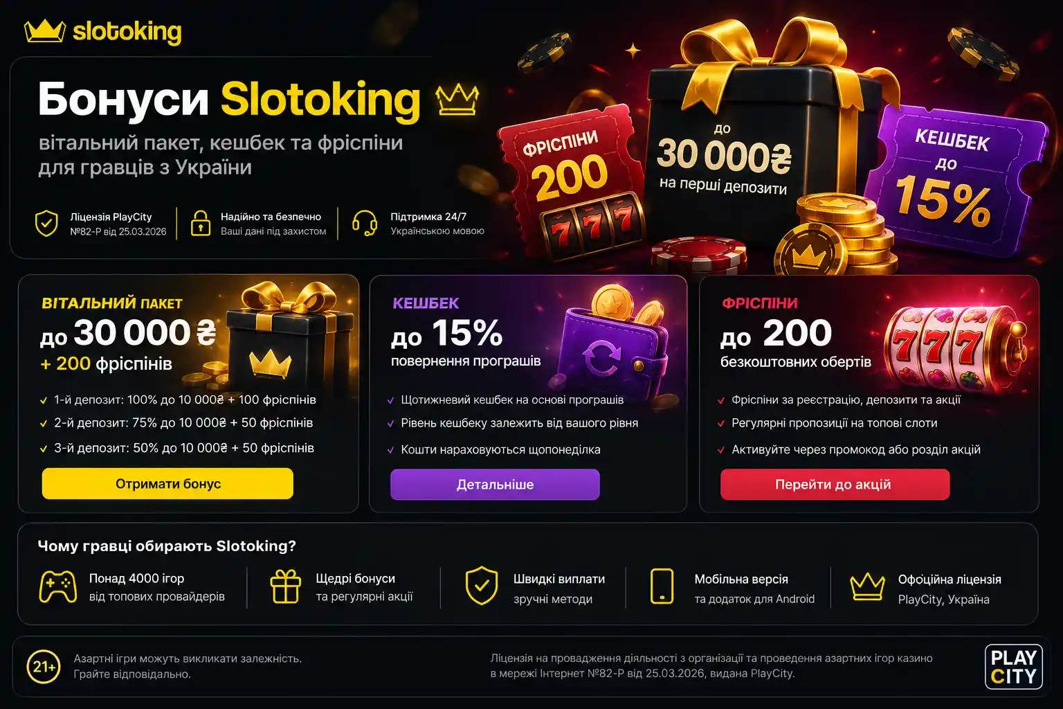 Бонуси Slotoking — вітальний пакет, кешбек та фріспіни для гравців з України